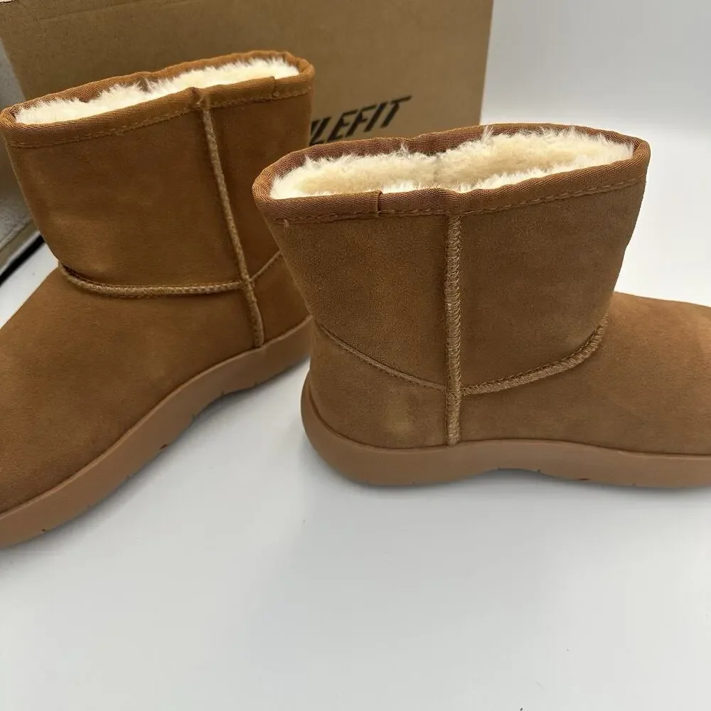 Athlefit Snow Boots Slip On Womens‎ Suede Faux Wool Fur Lining Chestnut